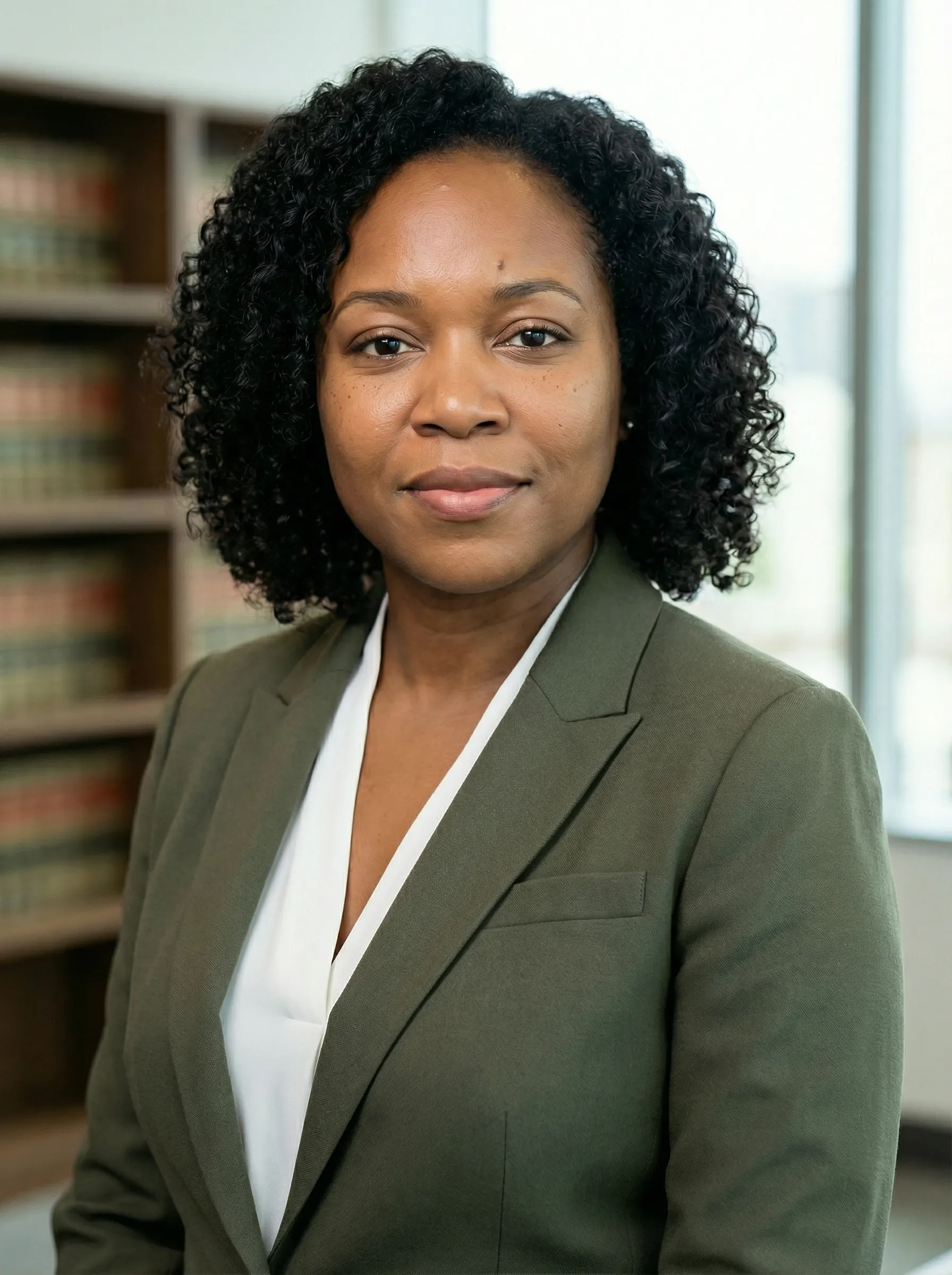 AI lawyer headshot — woman in an olive blazer and white blouse in a bright office